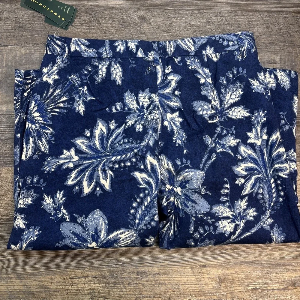 Lauren Ralph Lauren Women's 14‎ Crop Floral Pant Navy Cotton Stretch Pockets NEW - Picture 7 of 11